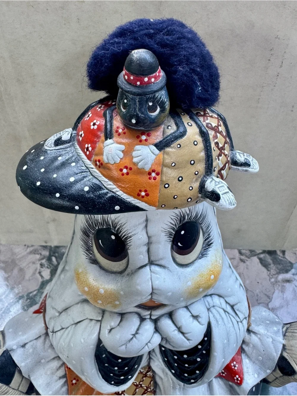 Vintage White & Black Decorative Ghost Figurine with Colorful Accents